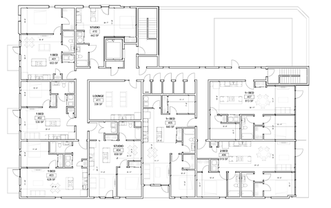 a floor plan of a house with many rooms and a courtyard